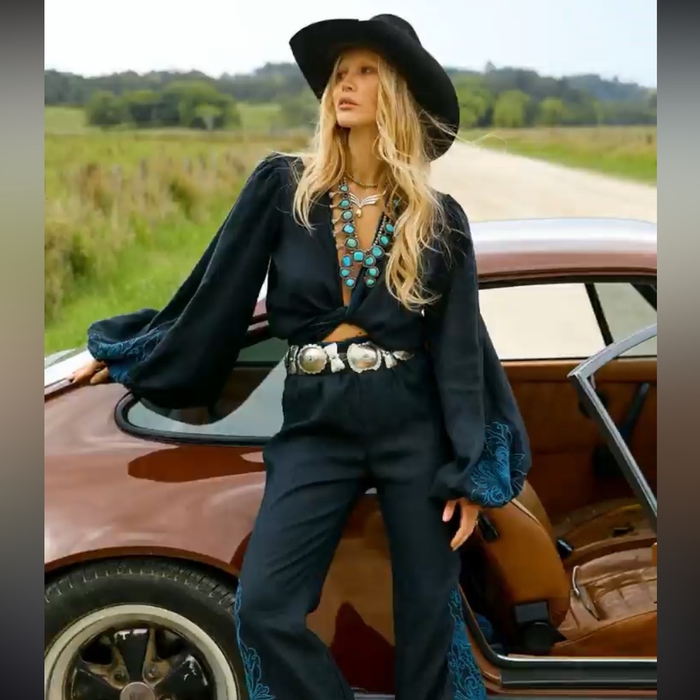 Altered - Chasing Unicorns Black Embroidered Wide-Sleeve Jumpsuit